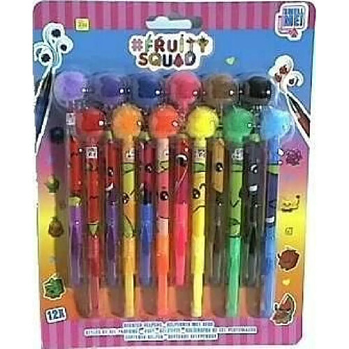 FRUITY SQUAD - Set de 12 Stylos Gel Pompon parfumés pour Enfants, Couleurs Assorties