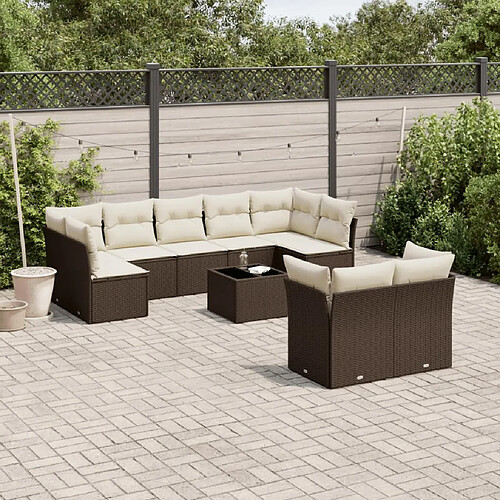 vidaXL Salon de jardin 10 pcs avec coussins marron résine tressée