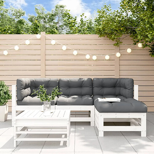 vidaXL Salon de jardin 5 pcs avec coussins blanc bois massif