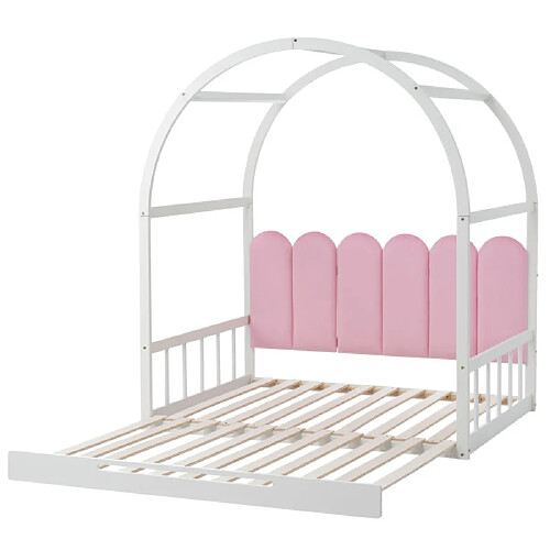 ComfortXL Lit extensible avec toit voûté, 140x100cm à 140x200cm, cadre en bois de pin, blanc et rose