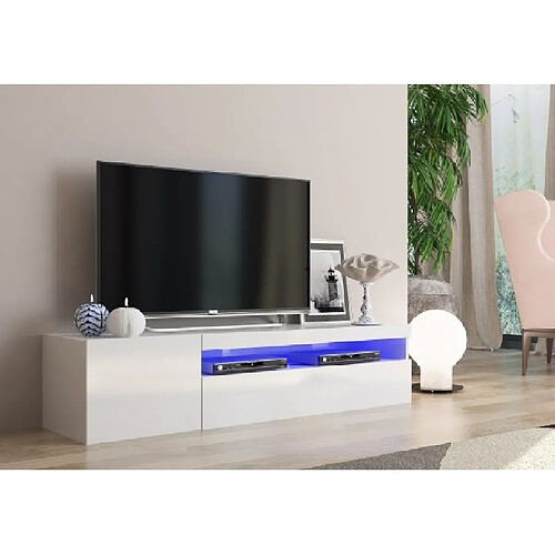 Alter Meuble TV de salon, Made in Italy, Meuble TV 2 portes, Meuble TV de salon, 150x40h37 cm, Couleur blanc brillant, avec lumière LED bleue