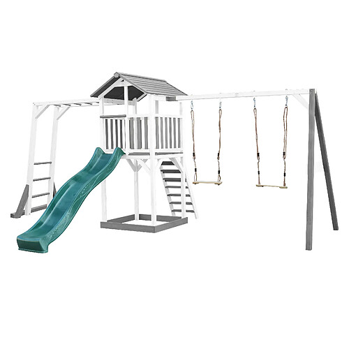 AXI Beach Tower Aire de Jeux avec Toboggan en VERT, Cadre d'escalade, 2 Balançoires & Bac à Sable | Grande Maison Enfant extérieur en Gris & BLANC | Cabane de Jeu en Bois FSC