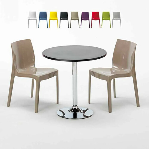 Grand Soleil Table Ronde Noir et 2 Chaises Colorées P