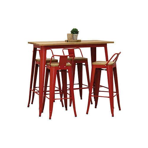 Aubry Gaspard Ensemble table haute et tabourets métal industriel rouge.