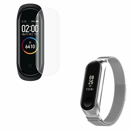 PHONECARE Kit Bracelet Milanese Loop Fermoir Magnétique pour + Film Protecteur D'écran Gel Full Coque pour Amazfit Band 5 - Gris