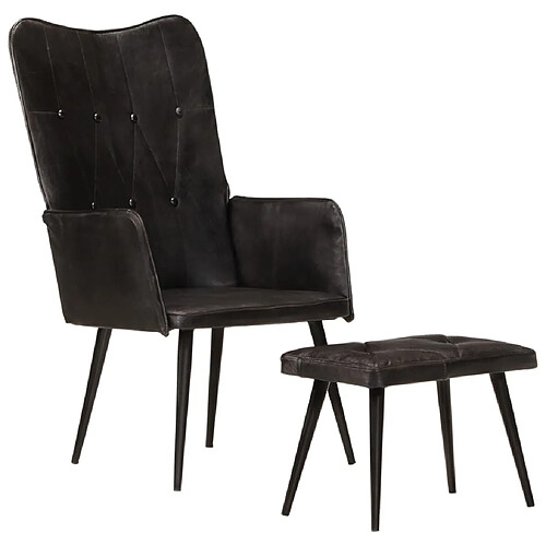 vidaXL Chaise à oreilles avec repose-pied Noir Cuir véritable