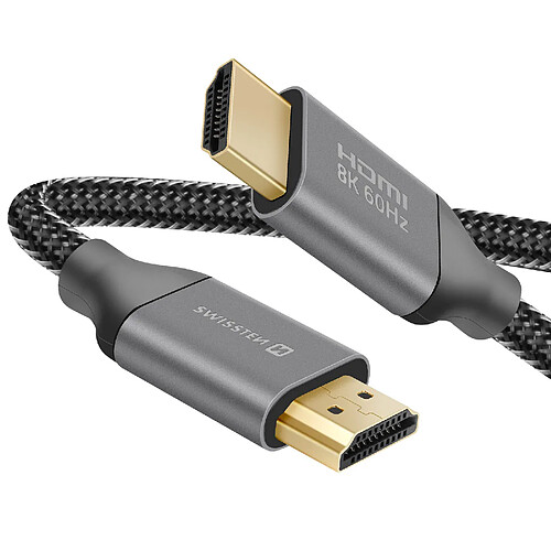 Swissten Câble HDMI 2.1 8K 60Hz Ultra HD Son Dolby Atmos Nylon Tressé 2m Gris Foncé