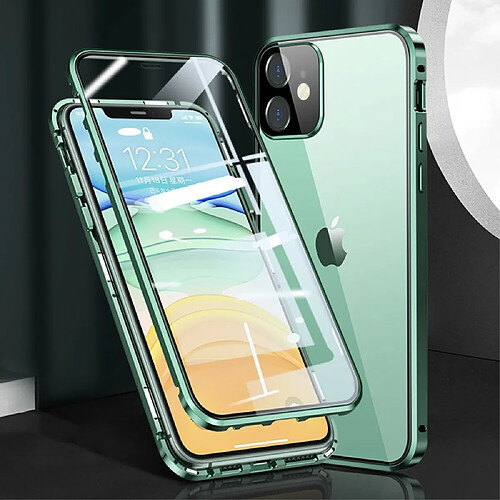 Coque en cadre métallique cadre d'installation magnétique lentille de caméra complète double face vert pour votre Apple iPhone 12 Mini