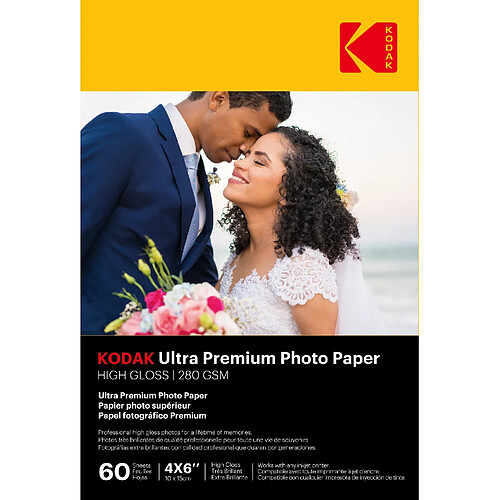 KODAK Ultra Premium Photo Paper 9891626 - Pack 60 feuilles papier photo haut de gamme - Format 10 x 15 cm (A6) - Finition brillante - 280 gsm - Compatible avec toutes imprimante jet d'encre - Blanc