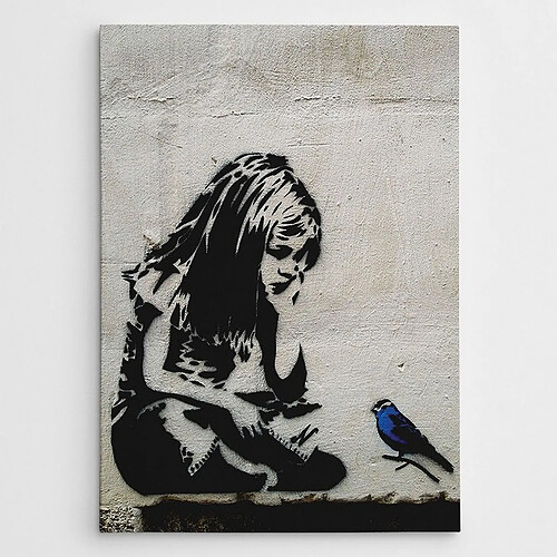 EPIKASA Impression sur Toile Banksy Fille avec Oiseau Bleu, Gris, Polyester, 70x3x100 cm