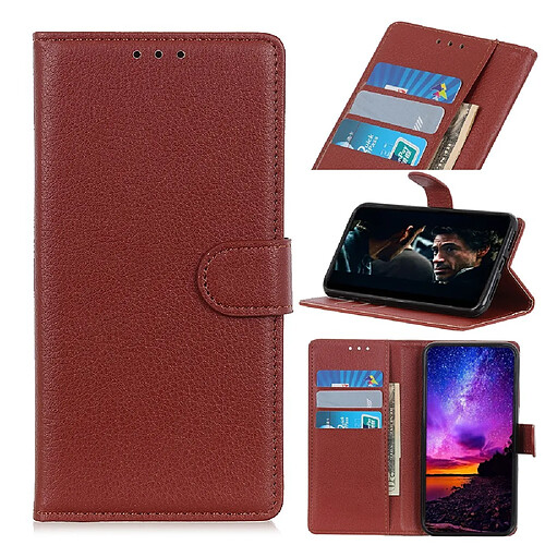 Etui en PU peau de litchi avec support marron pour votre Xiaomi Mi 10 Lite 5G/Mi 10 Youth 5G