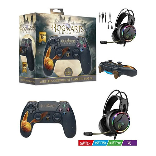 Freaks And Geeks Manette PS4 Bluetooth Harry Potter Hogwarts Legacy Vivet Doré Lumineuse 3.5 JACK + Casque Gamer PRO-H7 Multiplateforme