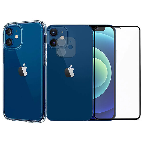 Protection intégrale Verre Trempé pour iPhone 12 Mini + Verre Trempé Caméra Arrière + Coque souple silicone transparente -Visiodirect-