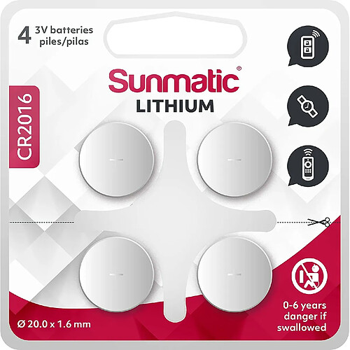 Piles CR2016 - Lot de 4 Piles | Sunmatic | Batteries CR 2016 Lithium 3v - Longue durée et Haute Performance pour télécommandes