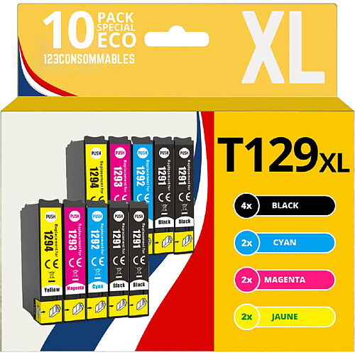 123CONSOMMABLES - T1295 - Pack 10 Cartouches compatibles avec EPSON T1295 XL pour Epson Stylus SX525WD SX535WD SX425W SX230W SX235W Stylus Office BX635FWD BX305FW Workforce WF-3520