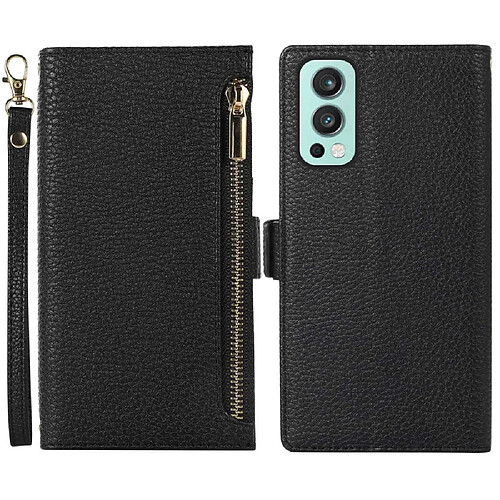 Etui en PU texture litchi, anti-rayures avec pochette à fermeture éclair et sangle pour votre OnePlus Nord 2 5G - noir