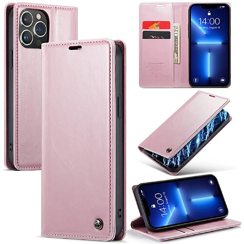 Etui en PU CASEME rétro texture cireuse, fermeture magnétique avec support pour votre iPhone 13 Pro Max 6.7 pouces - rose