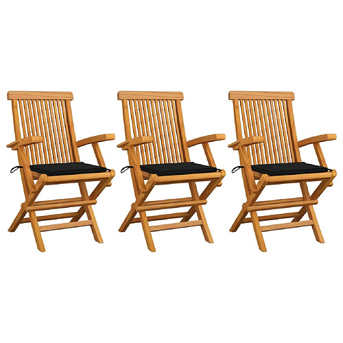 vidaXL Chaises de jardin avec coussins noir lot de 3 Bois teck massif