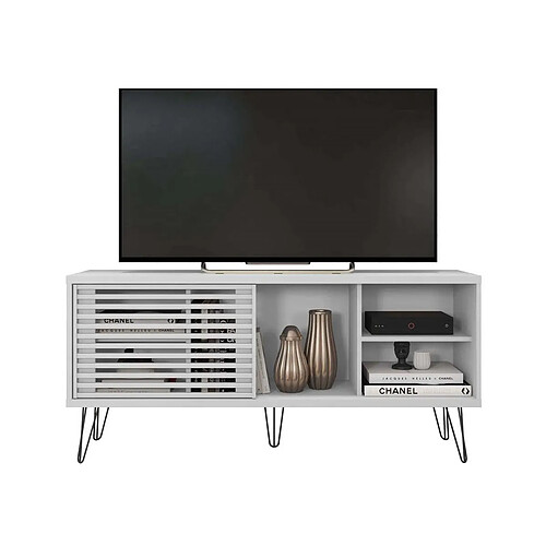 Pegane Meuble TV en bois avec 1 porte coloris blanc - longueur 136 x profondeur 36 x hauteur 46 cm