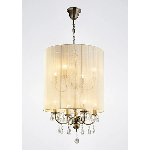 Luminaire Center Suspension Ella avec Abat jour crème ivoire 8 Ampoules laiton antique/cristal