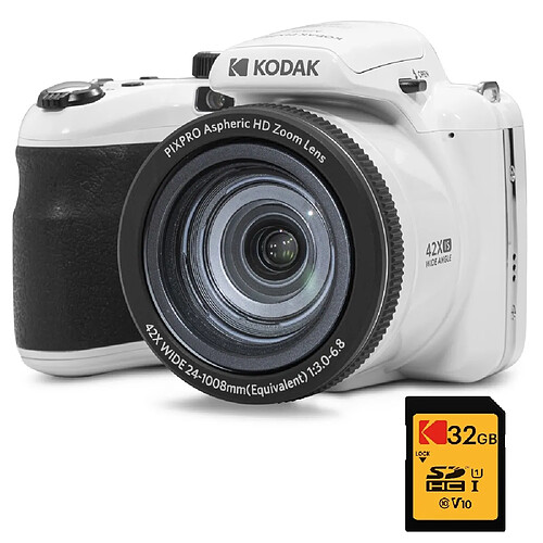 KODAK Pack Numérique Bridge Pixpro Astro Zoom AZ425 + Carte SDHC Kodak Ultra High Speed U1 32GB - Appareil Photo, Zoom 42X, Grand angle, 20 mégapixels, LCD 3, Vidéo Full HD 1080p, Batterie Li-ion - Blanc - Blanc