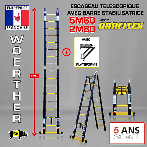 Escabeau-échelle télescopique Woerther 5m60/2m80 Double barre stabilisatrices - Plus plateforme - Qualité supérieure - Garantie 5 ans