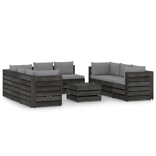 vidaXL Salon de jardin 9 pcs avec coussins Bois imprégné de gris