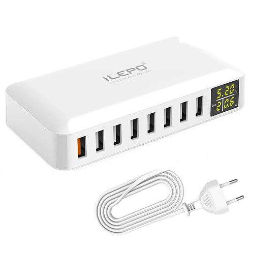 Universal Chargeur rapide USB blanc 60W à 8 ports Hub QC3.0 Intelligent Rapid Charging LED Display Multi-USB Charging Station Mobile Desktop Home