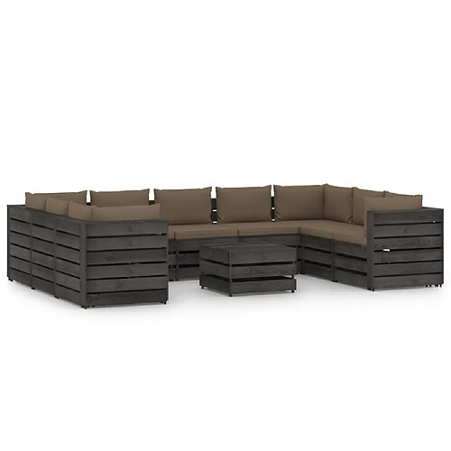 vidaXL Salon de jardin 10 pcs avec coussins Bois imprégné de gris