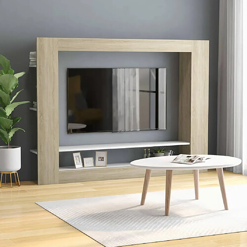 vidaXL Meuble TV Blanc et chêne sonoma 152x22x113cm bois d'ingénierie