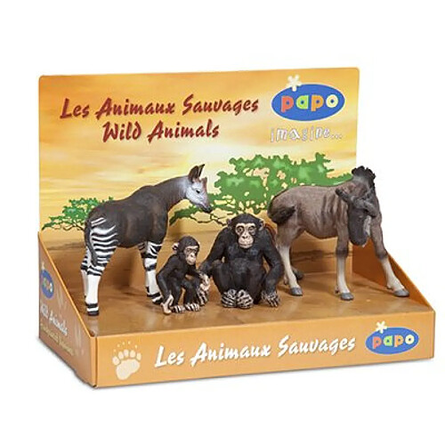 Papo Figurine Animaux sauvages : Coffret : Okapi, Chimpanzés, Gnou