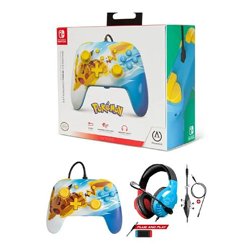 Power A Manette SWITCH Filaire Nintendo Pikachu Pokemon Charge Officielle + Casque Gamer PRO H3 Rouge BLEU SPIRIT OF GAMER SWITCH