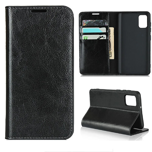 Etui en cuir véritable peau de cheval fou noir pour votre Samsung Galaxy A41 (Global Version)