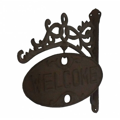 L'Héritier Du Temps Enseigne de Porte Murale Inscription Welcome avec Crédence à Fixer en Fonte Patinée Marron 3x29x29cm