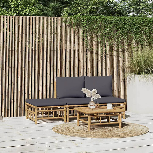 vidaXL Salon de jardin 4 pcs avec coussins gris foncé bambou