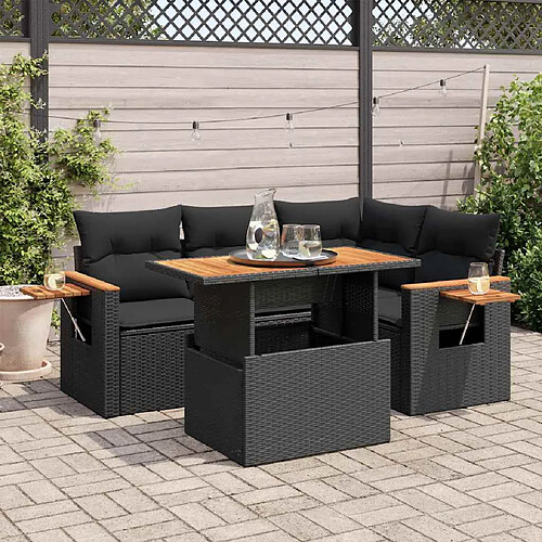 vidaXL Salon de jardin 5 pcs avec coussins noir résine tressée acacia