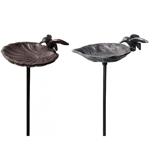 L'Héritier Du Temps Set de 2 Tuteurs Bain d'Oiseaux ou Pics de Jardin 2 Coupelles Façon Bénitier Motifs Oiseaux en Fonte Patinée Marron 15x15x100cm