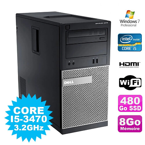 PC Tour DELL Optiplex 3010 MT Intel I5-3470 Graveur 8Go 480Go SSD HDMI Wifi W7 · Occasion