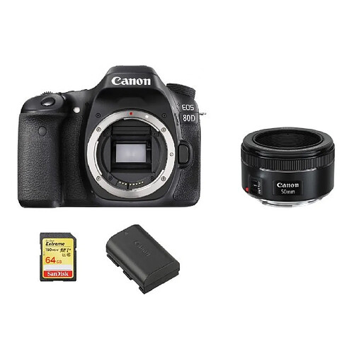 CANON EOS 80D + EF 50mm F1.8 STM + 64GB SD card + LP-E6N Battery