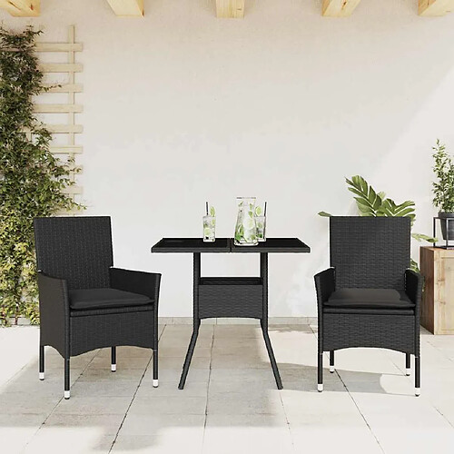 vidaXL Ensemble à manger de jardin et coussins 3 pcs noir rotin verre