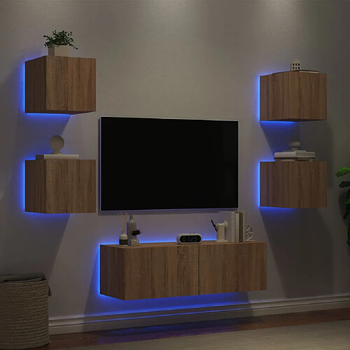 vidaXL Meuble TV muraux 5 pcs avec lumières LED chêne sonoma