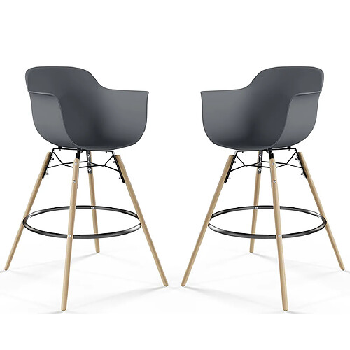 ICONIK INTERIOR Tabouret de Bar - Design Scandinave - Pieds en Bois - Lot de 2 - Nordika Gris foncé