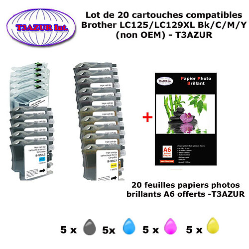 T3AZUR - 5+15 Cartouches compatibles Brother LC-129/ LC-125 / LC 129/ LC 125 XL+ 20F PPA6