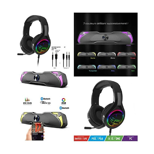 Spirit of Gamer ENCEINTES PC BARRE DE SON SOUNDPHONIC RGB 6W RMS Bluetooth 5.0 rétro-éclairage RGB + Casque PRO