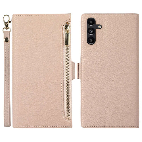 Etui en PU texture litchi avec support, pochette à fermeture éclair et sangle pour votre Samsung Galaxy A13 5G - abricot