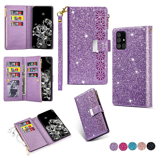 Etui en PU sculpture au laser de style étoilé scintillant violet pour votre Samsung Galaxy A51 SM-A515