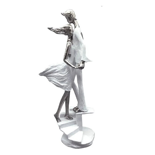 Statuette décorative design " Couple romantique escaliers " blanc et argent