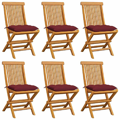 Maison Chic Lot de 6 Chaises de jardin avec coussins | chaises Relax d'extérieur rouge bordeaux Teck massif -GKD91947