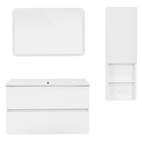 ML-Design 4 Pièces meuble salle de bain miroir LED 90x60cm bas lavabo armoire haute+vasque