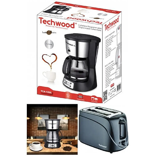 Techwood Cafetière Programmable Grise 1.5L 1000W + Grille pain Noir 700W 2 emplacements